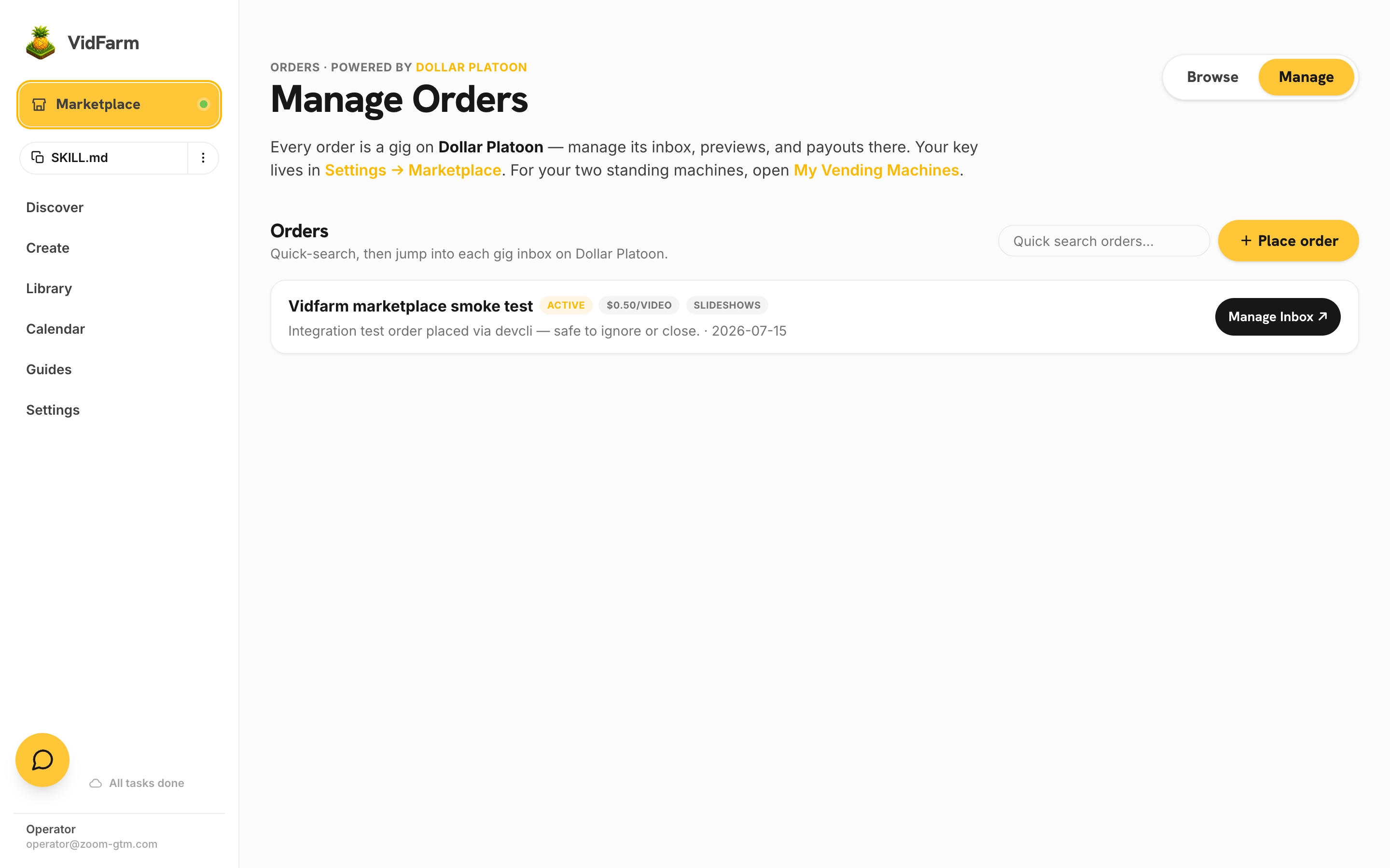 The Manage Orders page: a searchable list of orders, each row showing the title, an active status pill, videos-wanted and price-per-video pills, category tags, the brief excerpt with relative time, and a 'Manage Inbox ↗' button that deep-links into the Dollar Platoon gig dashboard.