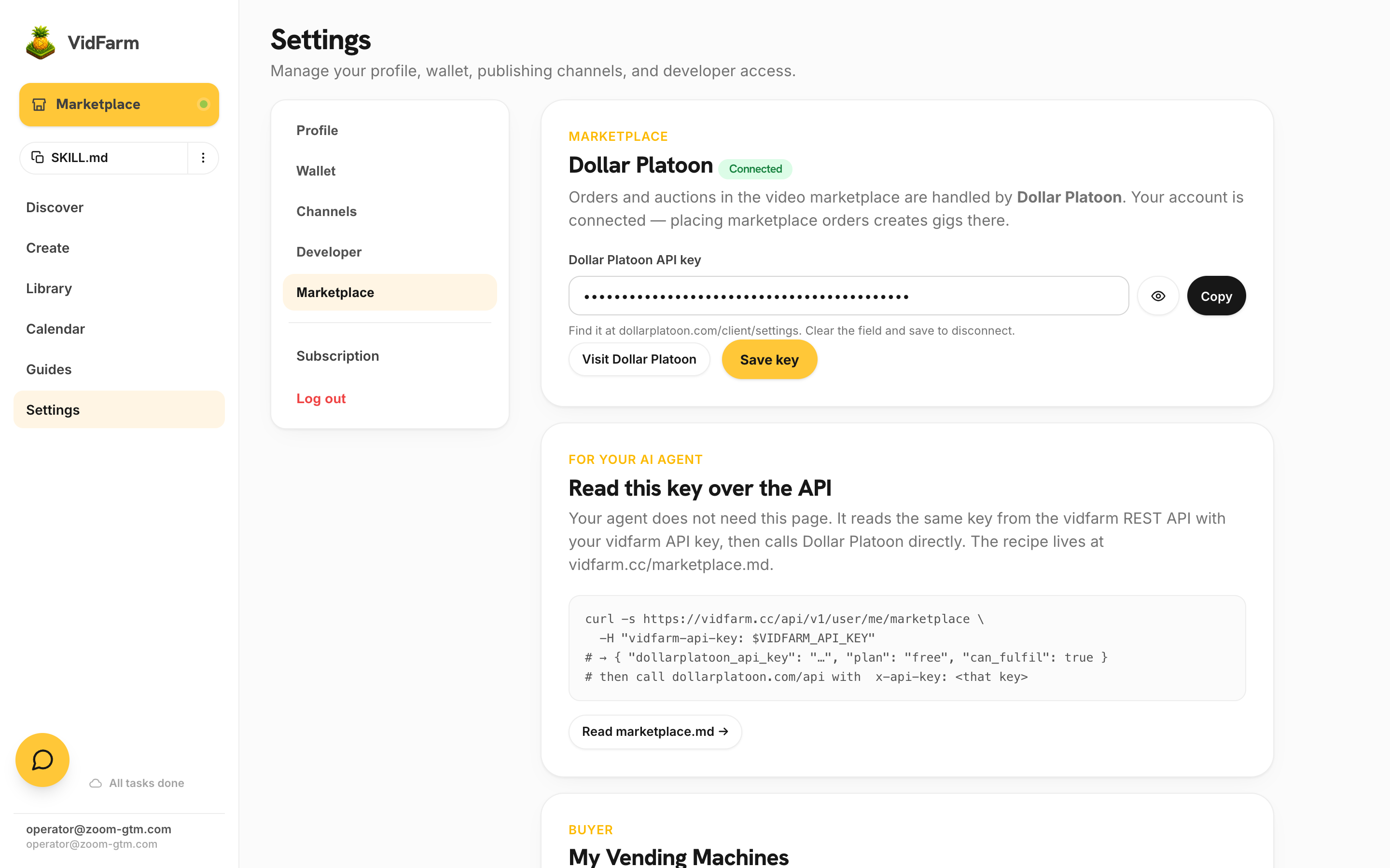 Settings → Marketplace showing the Dollar Platoon card with a Connected pill and the API key field already filled in.