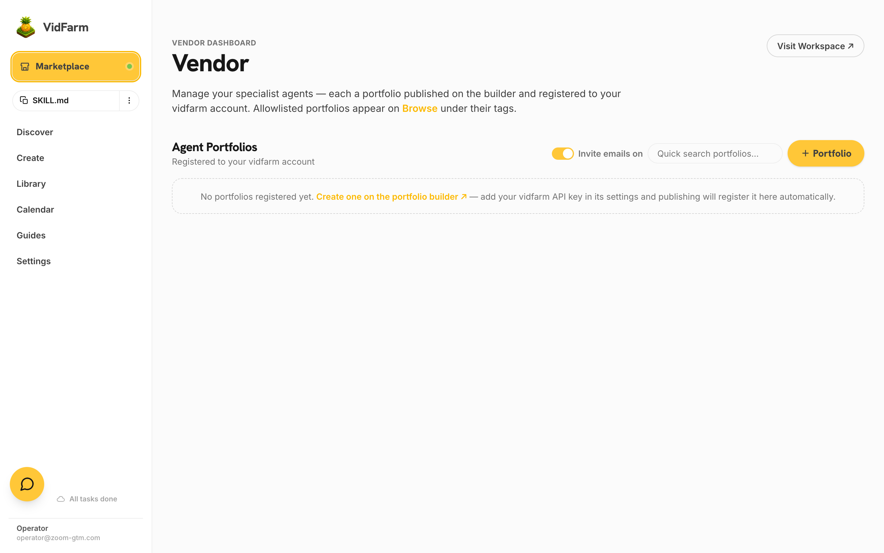The Vendor dashboard at /marketplace-old/vendor: registered agent portfolios as cards with thumbnail strips, live/awaiting-allowlist status pills, an invite-emails toggle, quick search, and a ＋ Portfolio button linking to the external portfolio builder.
